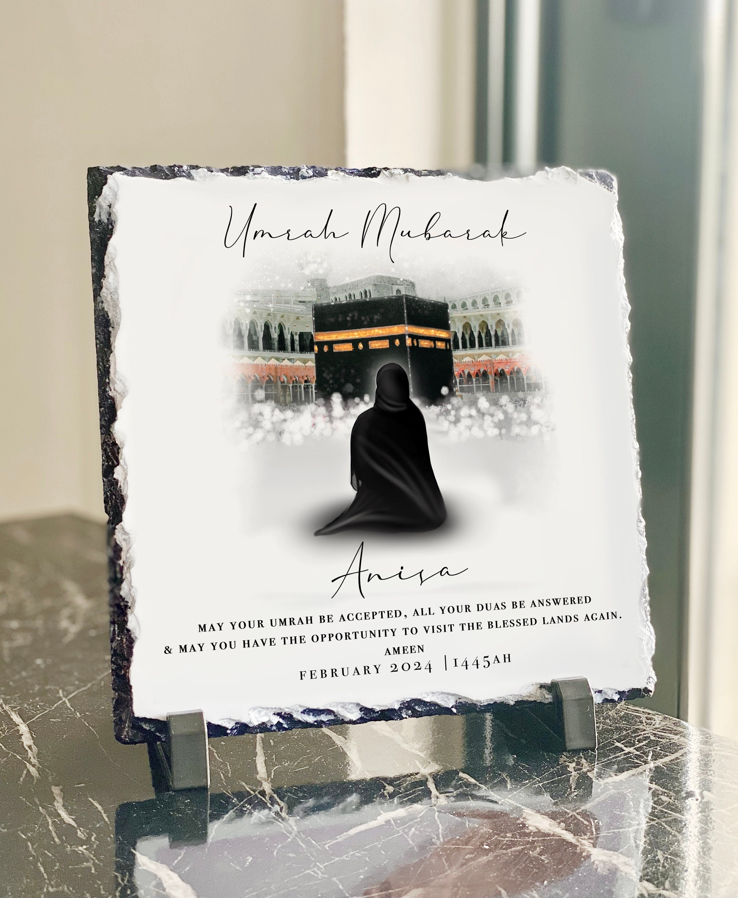 Placa de pizarra personalizada de peso pesado para regalo de Umrah Mubarak para mujeres: regalo islámico de 20 x 20 cm (soporte incluido), regalo de Kabah, regalo de Umrah, regalo de Hajj