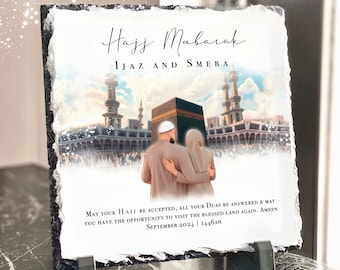 Heavyweight Personalised Hajj Mubarak Slate Plaque: Islamic Couples Gift (20x20cm) (stand included)