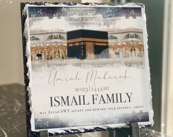 Umrah Mubarak Cloudy Gift Slate and Stand with Personalised Names - 20x20cm Islamic Gift, Hajj Gift Plaque