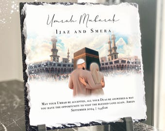Heavyweight Umrah Mubarak Cloudy Couples Gift Slate and Stand with Personalised Names - 20x20cm Islamic Gift, Hajj Gift Plaque