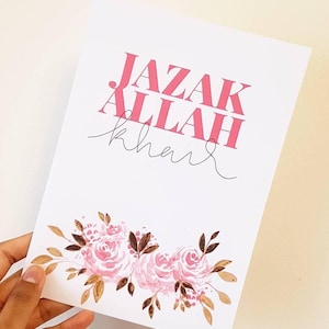 A5 JazakAllah Khair Merci Carte de vœux islamique florale (livré avec une enveloppe A5 blanche !) Cadeau islamique.