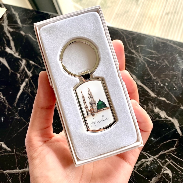 Personalised Umrah Hajj Masjid An Nabawiy  Name Metal Keychain Islamic Gift Keyring with Gift Box