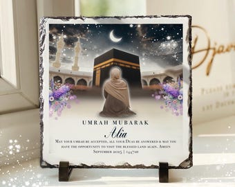 Heavyweight Personalised Female Hijabi Ladies Girls Umrah Mubarak Slate Plaque: Islamic Gift (stand included) 20x20cm Umrah Gift, Hajj Gift