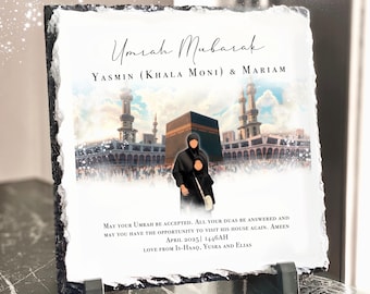 Heavyweight Personalised Umrah Portrait Illustration: Islamic Gift Slate Plaque (20x20cm) (stand included)