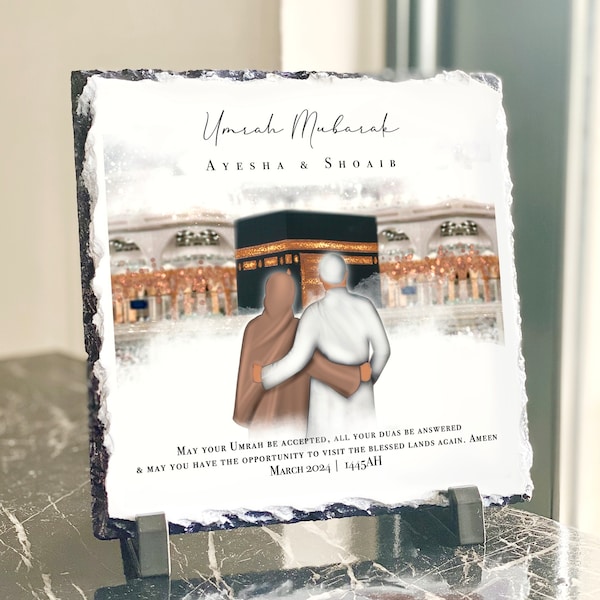 Umrah Mubarak Cloudy Couples Gift Slate and Stand with Personalised Names - 20x20cm Islamic Gift, Hajj Gift Plaque