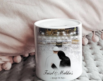 Personalised Couples Hajj Fund Double Sided Islamic Money Jar with Removable Plug Islamic Gift ,Nikkah Gift, Wedding Gift, Marriage Gift