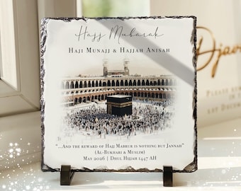 Heavyweight Hajj Mubarak Minimal Gift Slate and Stand with Personalised Names - 20x20cm Islamic Gift, Hajj Gift Plaque (stand included)