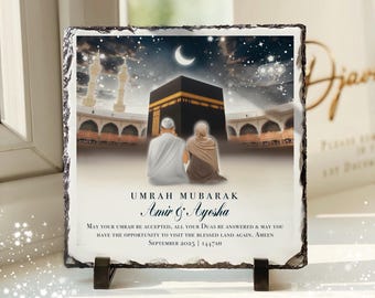 Heavyweight Personalised Umrah Mubarak Kabah Husband and Wife Slate Plaque: Islamic Couples Gift (stand included) 20x20cm Umrah Gift