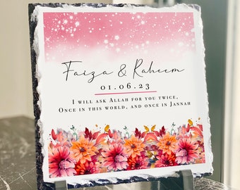 Heavyweight Couples Marriage Nikkah Floral Gift Slate and Stand with Personalised Names - 20x20cm Islamic Gift, Hajj Gift Plaque