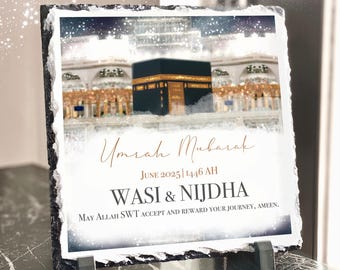 Heavyweight Umrah Mubarak Cloudy Gift Slate and Stand with Personalised Names - 20x20cm Islamic Gift, Hajj Gift Plaque