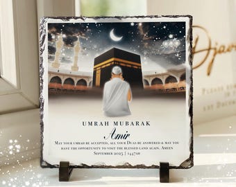Heavyweight Personalised Male Ihram Mens Kabah Umrah Mubarak Slate Plaque: Islamic Gift (stand included) 20x20cm Umrah Gift, Hajj Gift