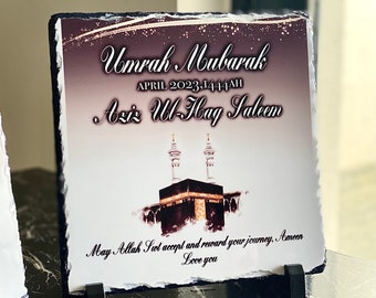 Heavyweight Personalised Umrah Mubarak Slate Plaque: Islamic Hajj Gift (20x20cm) (stand included)