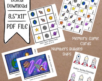 Outer Space Educational Pack / Digital Download/ Alphabet Match / Puzzle / Memory Game / Rocket  Numbers Match