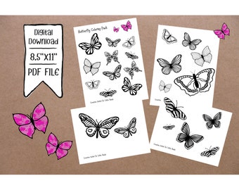 Butterfly Coloring Pages Pack / Digital Download/ Butterflies / 5 Page Coloring Pages