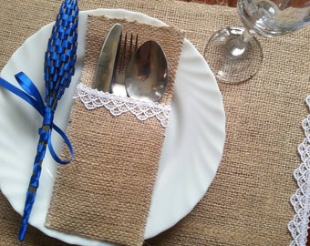 Burlap and Lace Cutlery Pockets, Rustic Wedding Table Decor