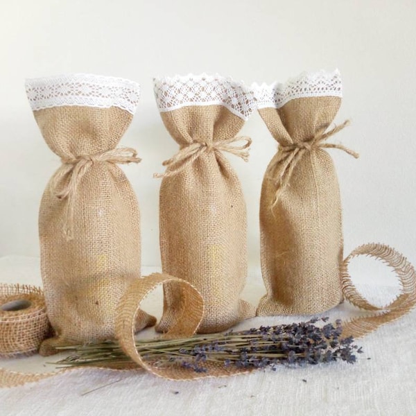 Burlap and Lace Bottle Bag, Burlap Wine Gift Bag, Jute Gift Bag