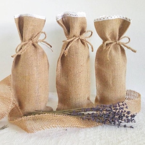 Sacs de faveur de mariage pour invités, sac en toile de jute, sac en toile de jute et sac à bouteille en dentelle