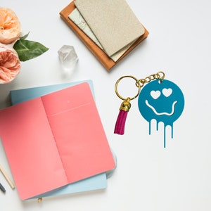 Happy Melting Face Heart Eyes Keychain in Blue Acrylic