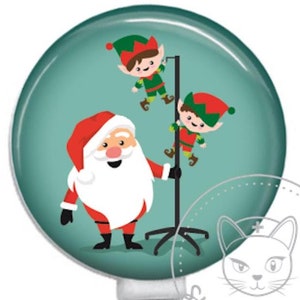 Santa & IV Elves Christmas Badge Reel - Funny Badge Reel - Cute Badge Reel - Retractable ID Badge Holder - Retractable Badge Reel