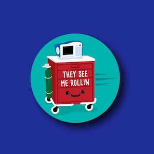 A red drawer with a cartoon face and the text "They see me rollin" is shown against a blue background.