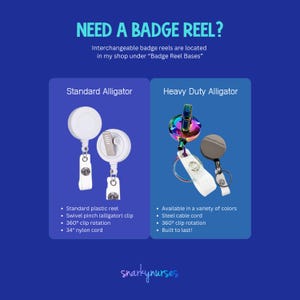 The image is a comparison of two badge reels, one labeled "Standard Alligator" and the other "Heavy Duty Alligator". The standard reel is made of plastic and has a swivel pin mechanism, while the heavy duty reel has a steel cable mechanism. Both reels are available in a variety of colors and have a built-in rotation feature.