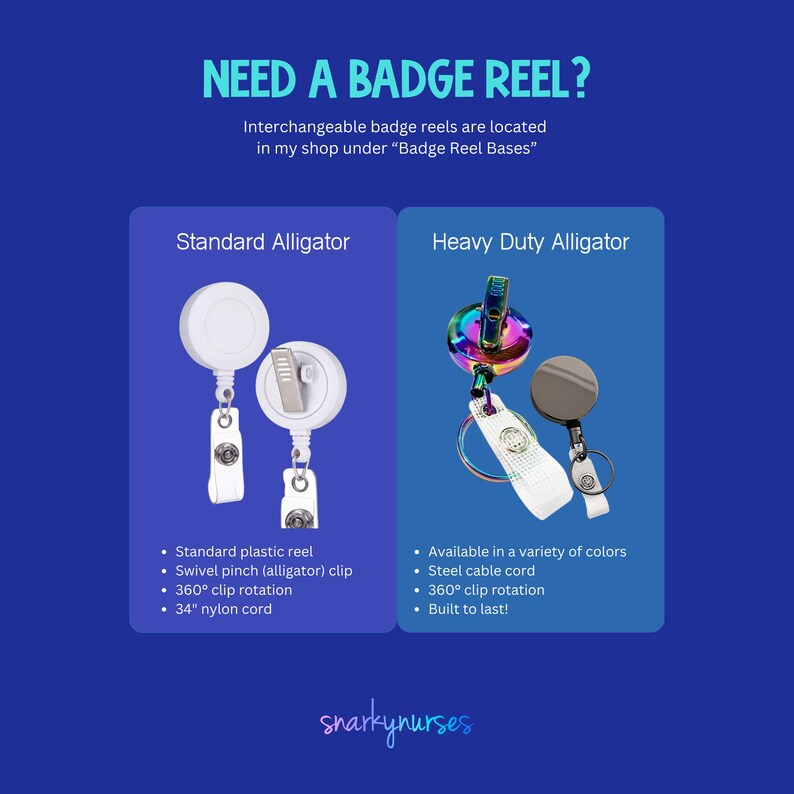 The image is a comparison of two badge reels, one labeled "Standard Alligator" and the other "Heavy Duty Alligator". The standard reel is made of plastic and has a swivel pin mechanism, while the heavy duty reel has a steel cable mechanism. Both reels are available in a variety of colors and have a built-in rotation feature.