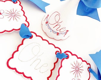 Patriotic First Birthday Hat and Banner Set: Red, White, Blue Linen Keepsake