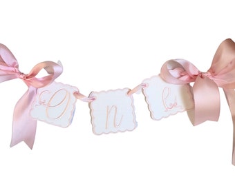 Blush Bow High Chair Banner – Linen First Birthday Decor, Baby Girl Cake Smash Keepsake