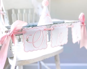 Rosebud First Birthday Hat and High Chair Banner Set – Linen Keepsake Party Decor