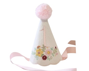 Holly Cottage Floral Party Hat I Keepsake Personalized Daisy Party Hat I Cake Smash Hat I Folk Floral I Baby Girl Birthday Hat