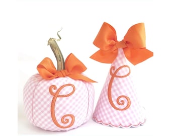 Preppy Pink Gingham Pumpkin Party Set,  Personalized Pumpkin, 2 Piece Party Set, Fall Birthday, Pumpkin Birthday Party