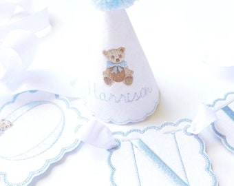 Teddy Bear First Birthday Boy Set, Blue Cake Smash Outfit, Hat, High Chair Banner