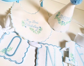 Southern Floral Birthday Party Set I Keepsake Hat, Highchair Banner, Heirloom Bib, Bow Cake Topper I Keepsake Birthday Party 4 Piece Set