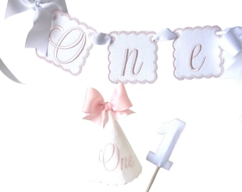 Blush Pink One Keepsake 3 Piece Party Set I Pink White Birthday Party Hat Highchair Banner Cake Topper I Cake Smash I Baby's 1st Birthday