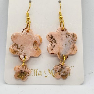 Flower shaped, pink and gold effect, marbled, statement earrings