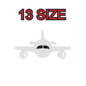 May include: White airplane silhouette embroidery design with 13 sizes available.  The design features a simple airplane shape with black windows and a white background.