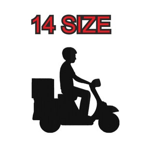 May include: Silhouette of a person riding a scooter with a delivery box on the back. The text "14 SIZE" is above the image.