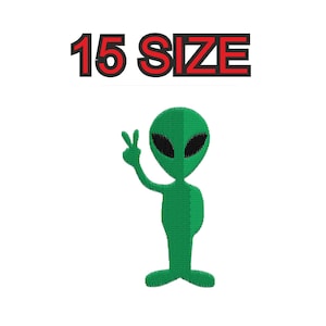 May include: Green alien cartoon character with large black eyes and a peace sign hand gesture. The text "15 SIZE" is above the alien.