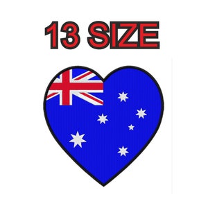 Peut inclure: Un patch en forme de cœur bleu avec le drapeau australien. Le drapeau a un Union Jack dans le coin supérieur gauche et une constellation d'étoiles dans le coin inférieur droit. Le texte "13 SIZE" est au-dessus du patch.