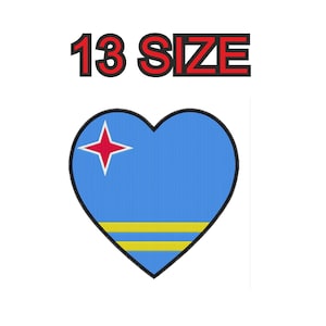 May include: A heart-shaped patch with the flag of Aruba. The flag is blue with two yellow stripes and a red star in the upper left corner. The text "13 SIZE" is above the heart.