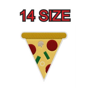 May include: A yellow and white embroidered patch of a pizza slice with red pepperoni, green peppers, and white mushrooms. The text "14 SIZE" is above the pizza slice.