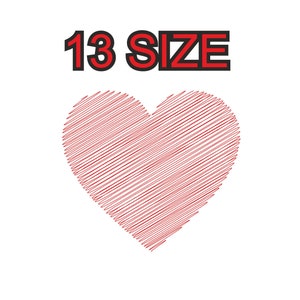 Könnte beinhalten: Rotes Herz mit dünnen Linien auf weißem Hintergrund gezeichnet. Der Text "13 SIZE" befindet sich über dem Herzen in Schwarz und Rot.