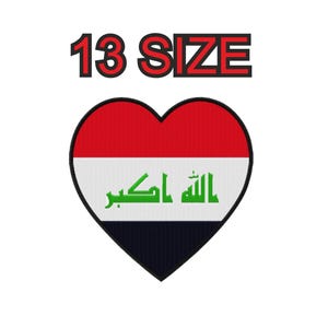 May include: A heart-shaped patch with the flag of Iraq. The flag is red, white, and black with green Arabic text. The text says "Allahu Akbar". The patch has the text "13 SIZE" above it.
