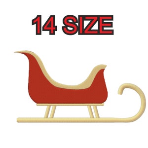 Può includere: Una slitta di Babbo Natale rossa e dorata con il testo "14 SIZE" sopra.
