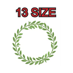 Peut inclure: Modèle de broderie de couronne de laurier verte avec le texte "13 SIZE" au-dessus.