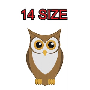 Peut inclure: Hibou brun avec de grands yeux jaunes et une poitrine blanche. Le hibou est debout sur deux pieds jaunes. Le texte "14 SIZE" est au-dessus du hibou.