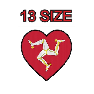 Peut inclure: Patch en forme de cœur rouge avec le drapeau de l'île de Man. Le drapeau représente un symbole à trois jambes en blanc et jaune sur fond rouge. Le texte "13 SIZE" est au-dessus du cœur.