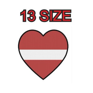 May include: A red heart with a white stripe across the middle, representing the Latvian flag. The text "13 SIZE" is above the heart.
