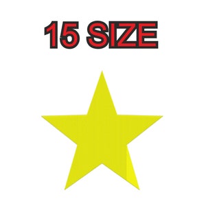 Peut inclure: Une étoile jaune à cinq branches sur fond blanc. Le texte "15 SIZE" en rouge avec un contour noir est au-dessus de l'étoile. Image simple et graphique.
