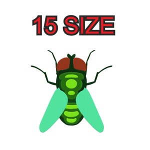 Peut inclure: Une mouche verte avec des yeux rouges et des ailes bleu clair. Le texte "15 SIZE" est au-dessus de la mouche.